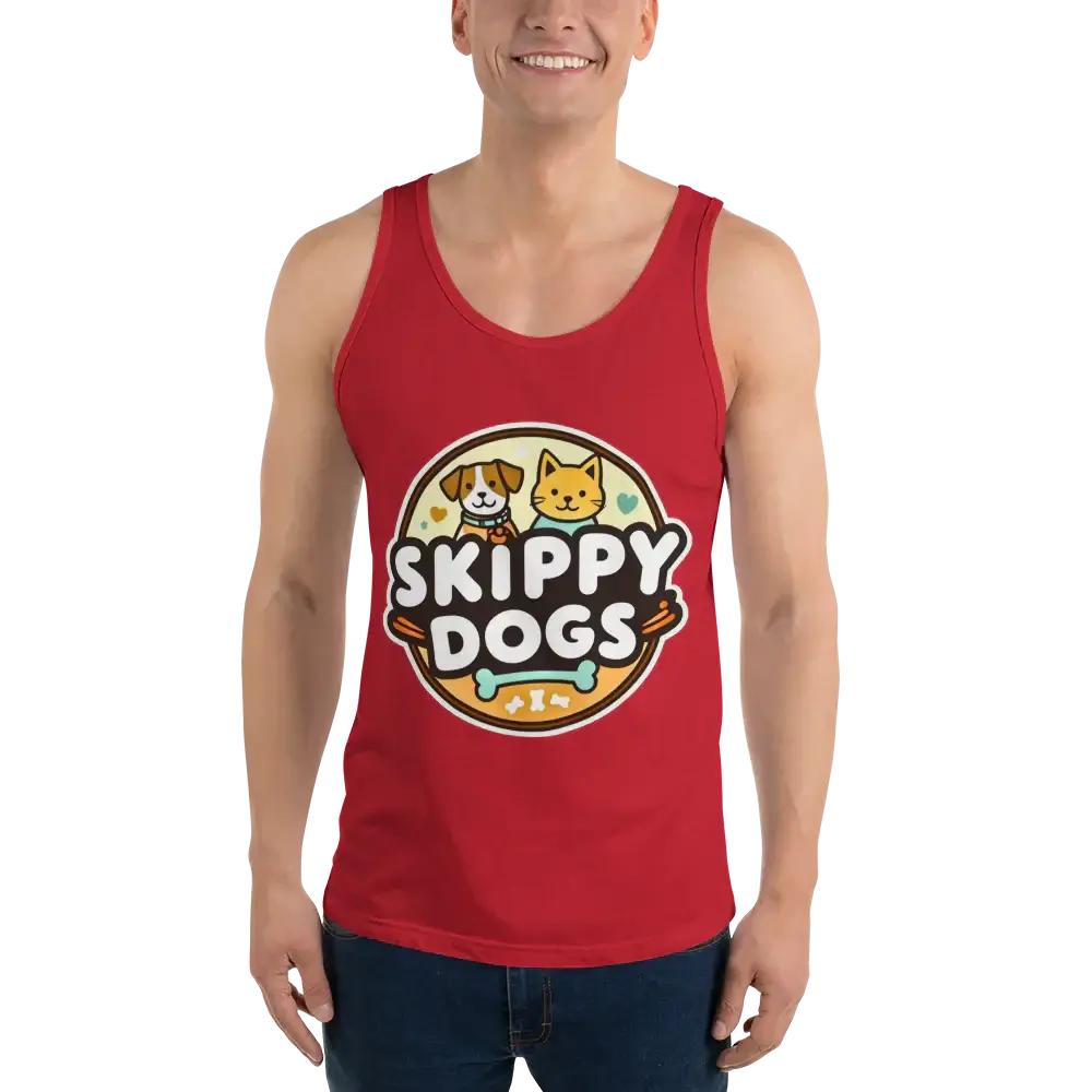 Person wearing Skippy Dogs cotton tank top, featuring a playful dog design, ideal for casual outings and pride events.