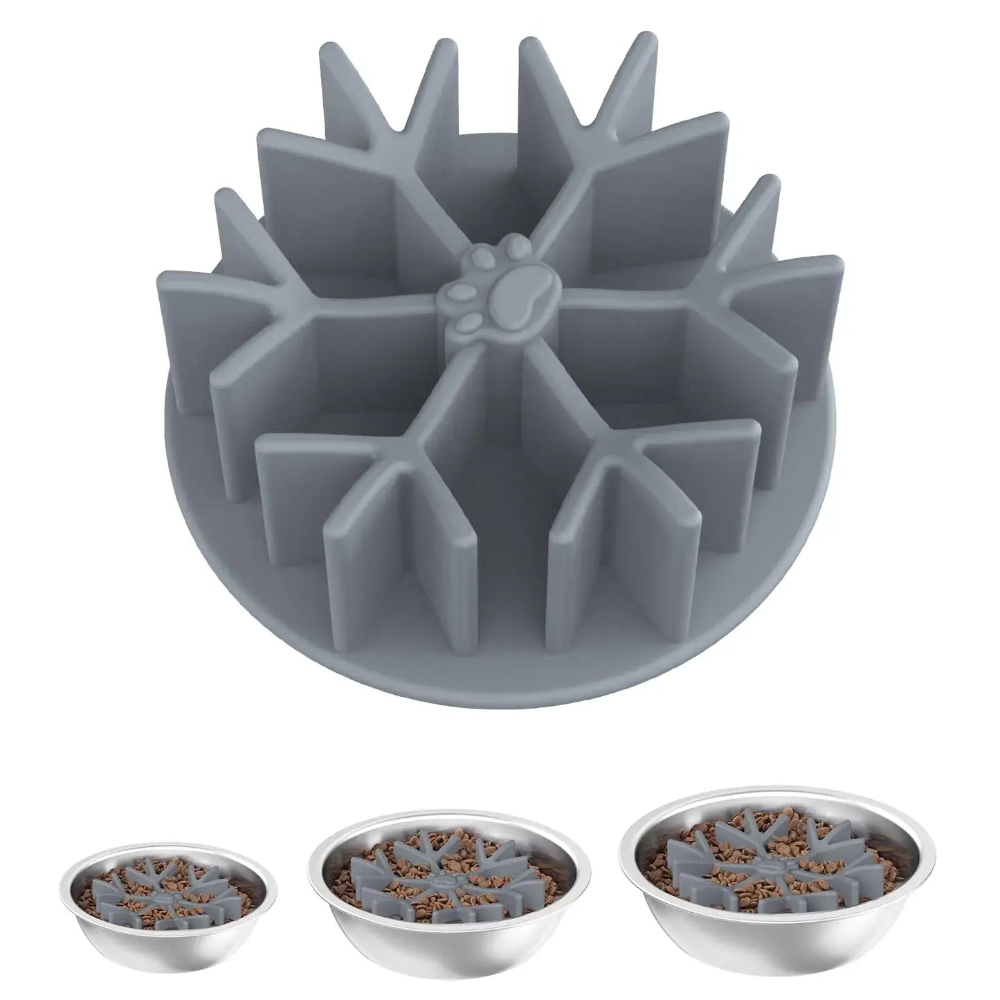 Gray silicone pet food container with three white bowls filled with pet food on a white background