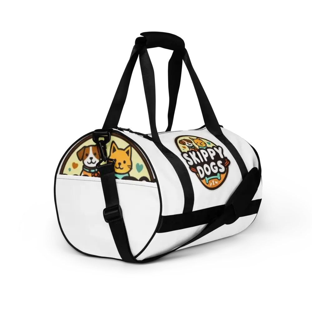Skippy Dogs Duffel customized gym duffel bag with Logo, featuring vibrant design and durable material for active lifestyles.