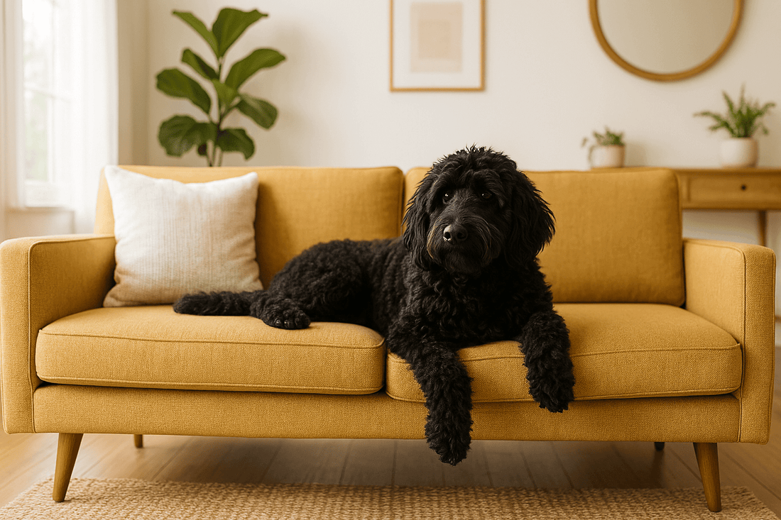 Black dog relaxed on a yellow sofa; learn 'How to Read Signs from Your Dog Based on Its Breed' understanding its body language.