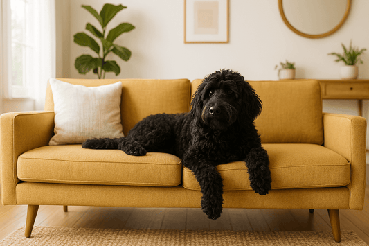 Black dog relaxed on a yellow sofa; learn 'How to Read Signs from Your Dog Based on Its Breed' understanding its body language.