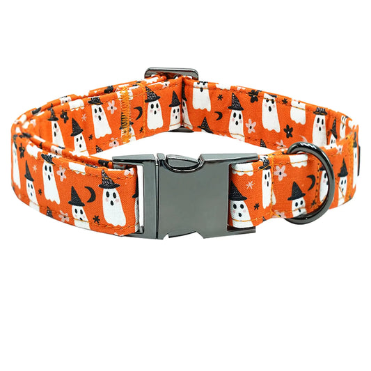 Spooky Ghost Print Large Dog Collar in Orange