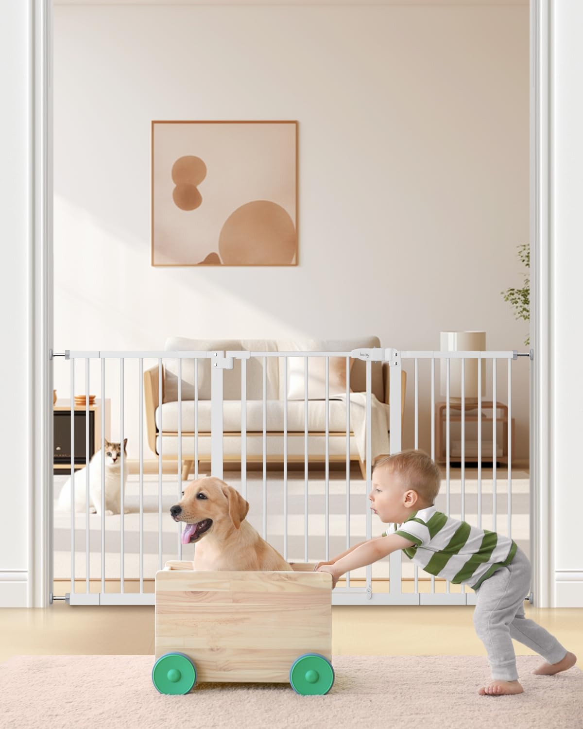 keny 29"-42.5" Baby Gate for Stairs, Auto Close Safety Dog Gate, Pressure Mounted Easy Walk Through Pet Gate for Doorways, Durable Stair Gate, 30" Tall, White