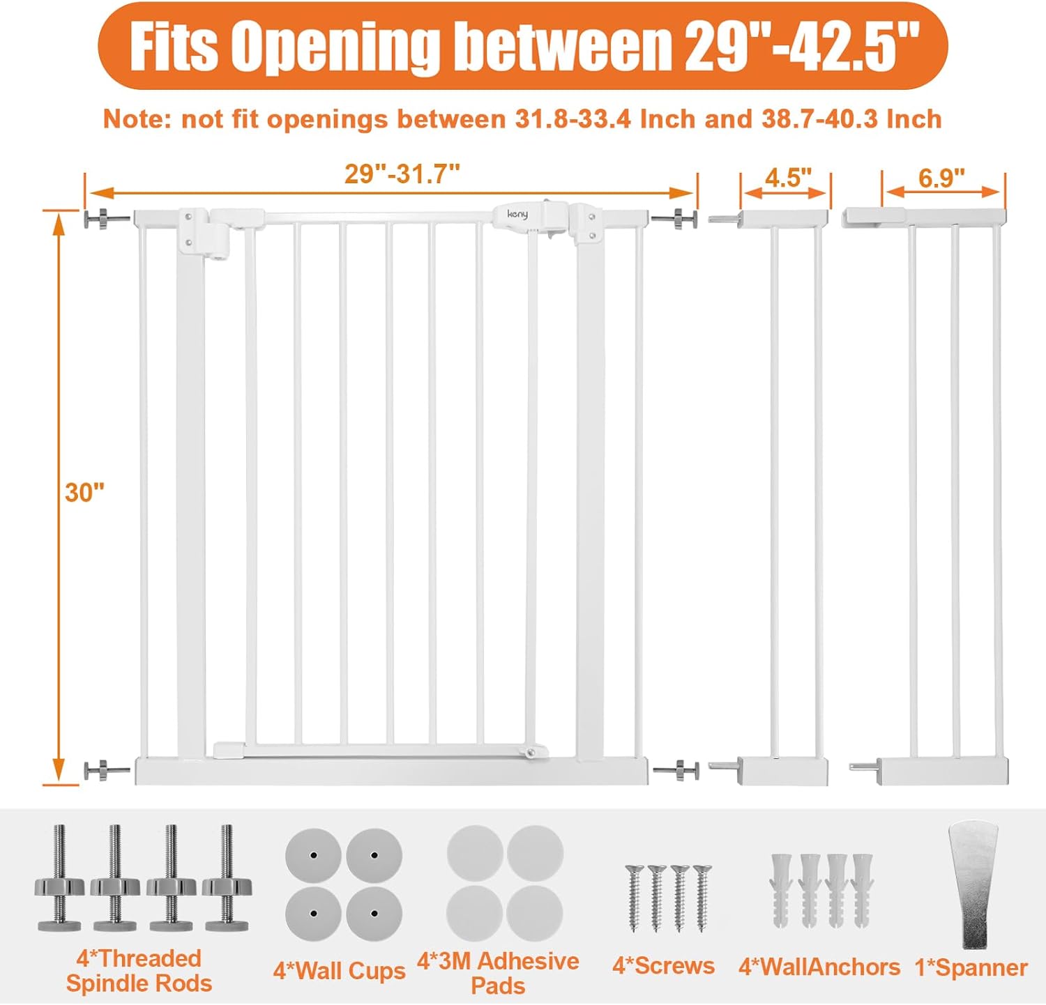 keny 29"-42.5" Baby Gate for Stairs, Auto Close Safety Dog Gate, Pressure Mounted Easy Walk Through Pet Gate for Doorways, Durable Stair Gate, 30" Tall, White