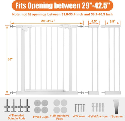 keny 29"-42.5" Baby Gate for Stairs, Auto Close Safety Dog Gate, Pressure Mounted Easy Walk Through Pet Gate for Doorways, Durable Stair Gate, 30" Tall, White