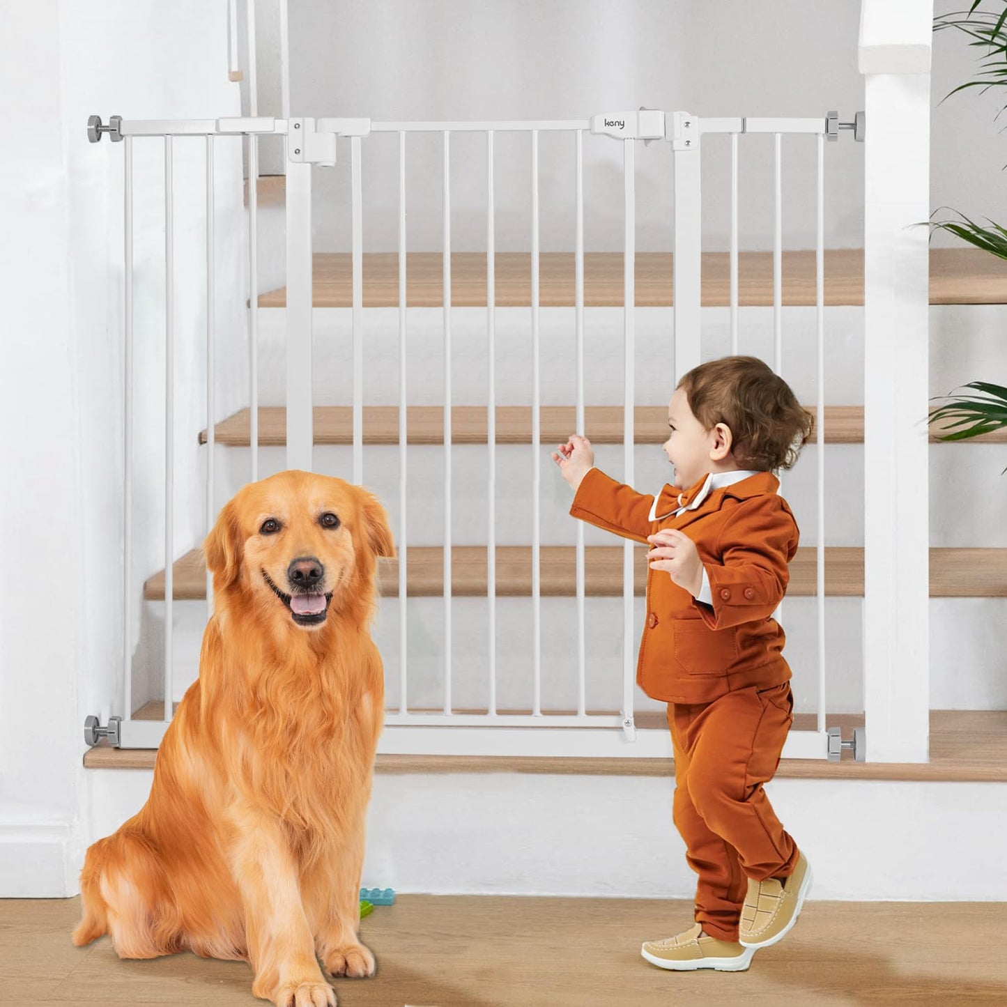 keny 29"-42.5" Baby Gate for Stairs, Auto Close Safety Dog Gate, Pressure Mounted Easy Walk Through Pet Gate for Doorways, Durable Stair Gate, 30" Tall, White