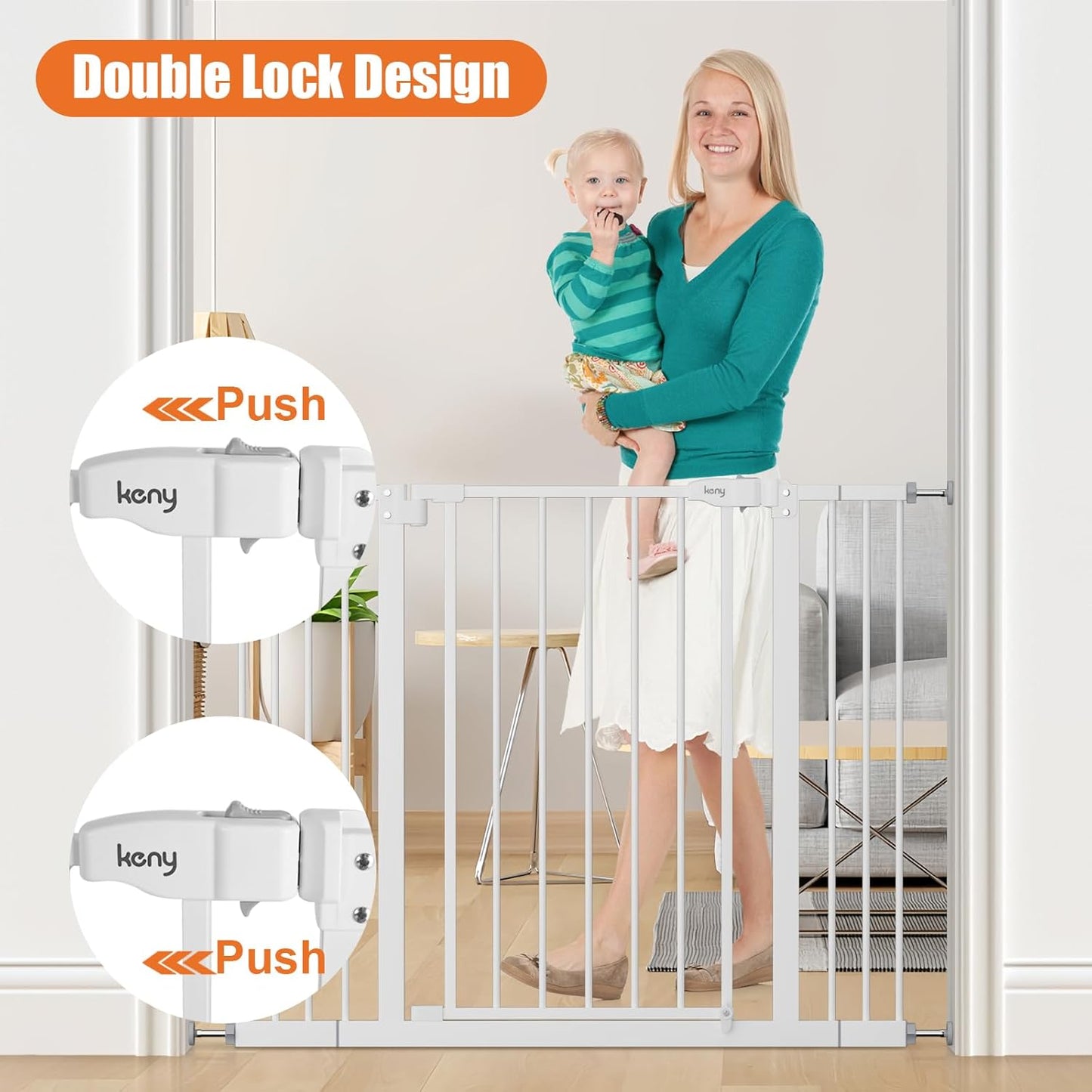 keny 29"-42.5" Baby Gate for Stairs, Auto Close Safety Dog Gate, Pressure Mounted Easy Walk Through Pet Gate for Doorways, Durable Stair Gate, 30" Tall, White