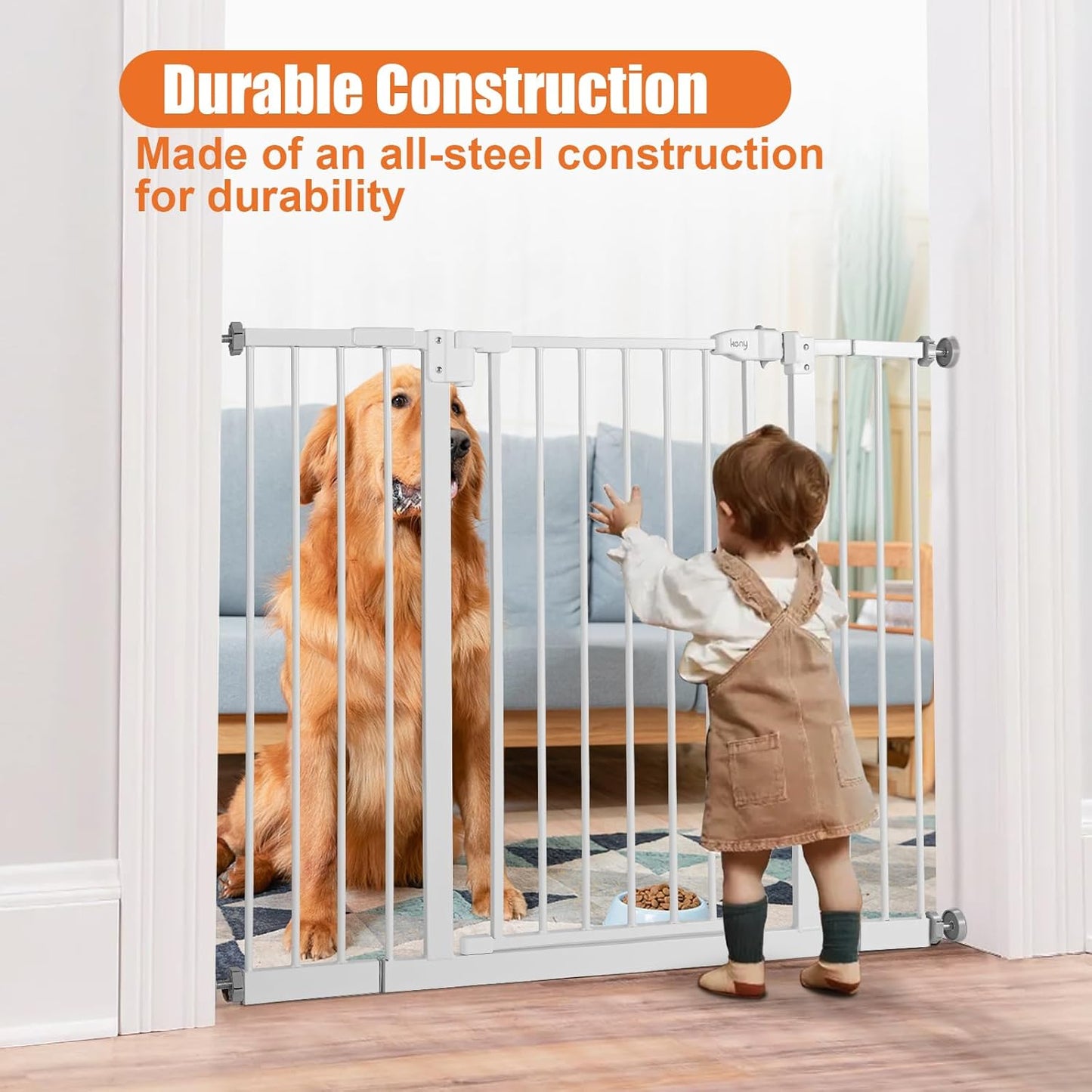 keny 29"-42.5" Baby Gate for Stairs, Auto Close Safety Dog Gate, Pressure Mounted Easy Walk Through Pet Gate for Doorways, Durable Stair Gate, 30" Tall, White