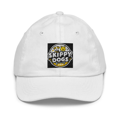 Skippy Dogs Brand Cap - White cap with SkippyDogs.com logo, breathable and stylish for outdoor comfort.