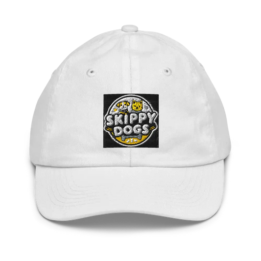 Skippy Dogs Brand Cap - White cap with SkippyDogs.com logo, breathable and stylish for outdoor comfort.