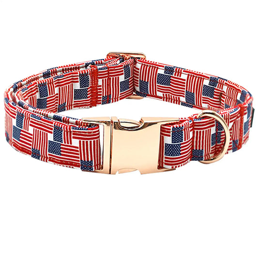 Dog collar with American flag pattern on a white background