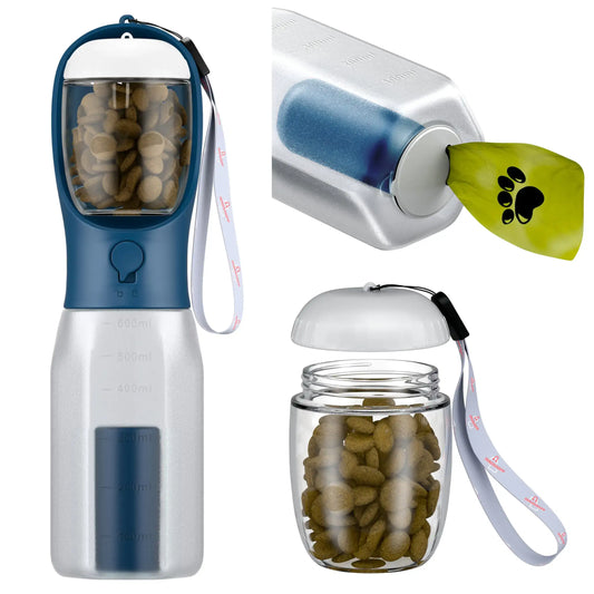 Pet water bottle with transparent container filled with treats on a white background