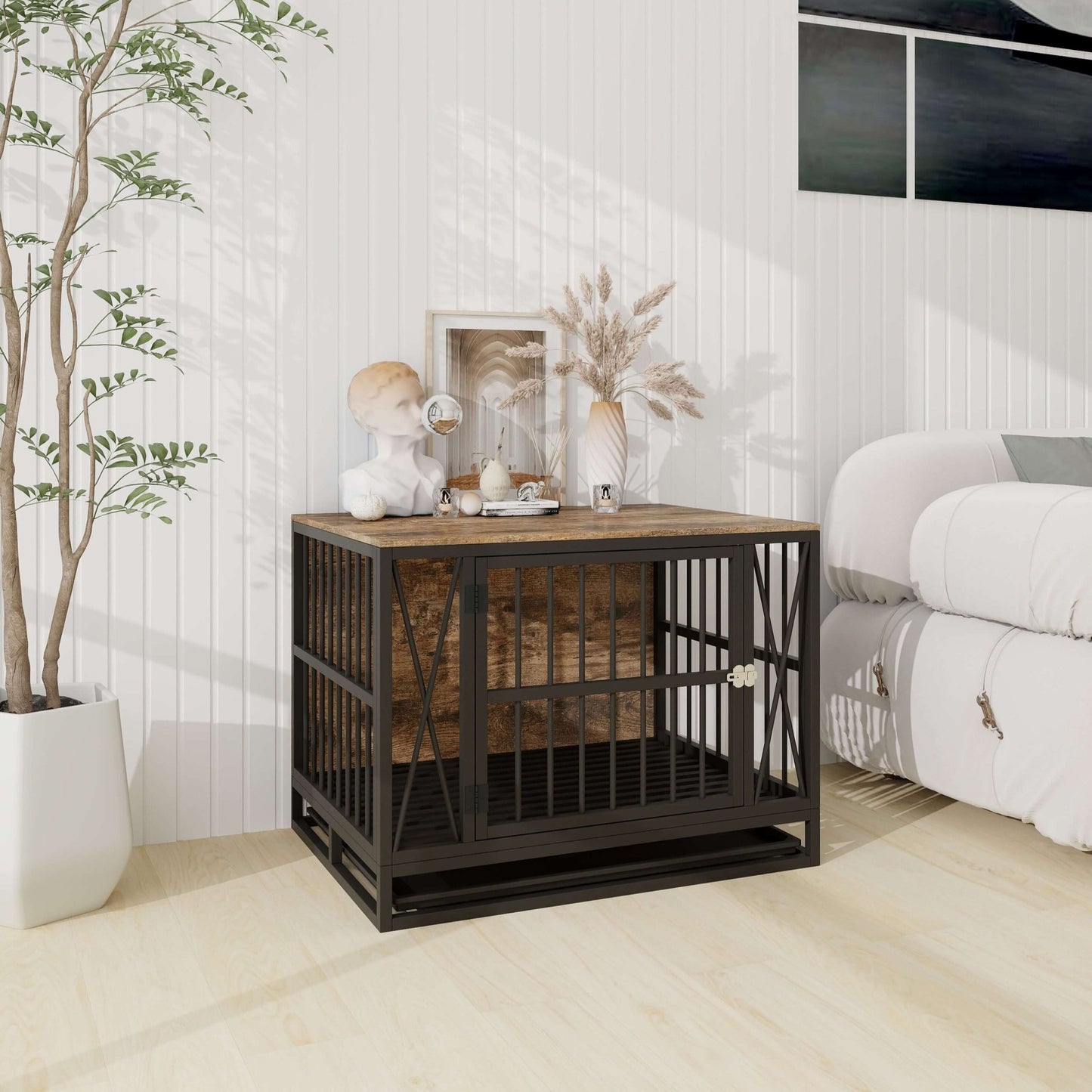 Dog Crate Furniture- Duty Dog Cage End Table, Rustic Brown.