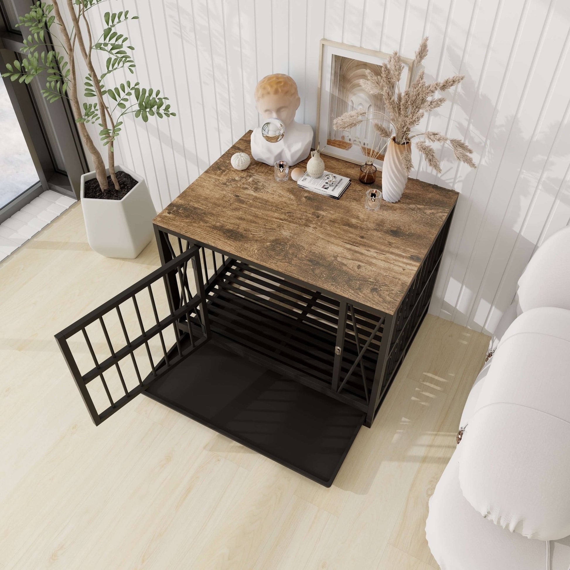 Dog Crate Furniture- Duty Dog Cage End Table, Rustic Brown.