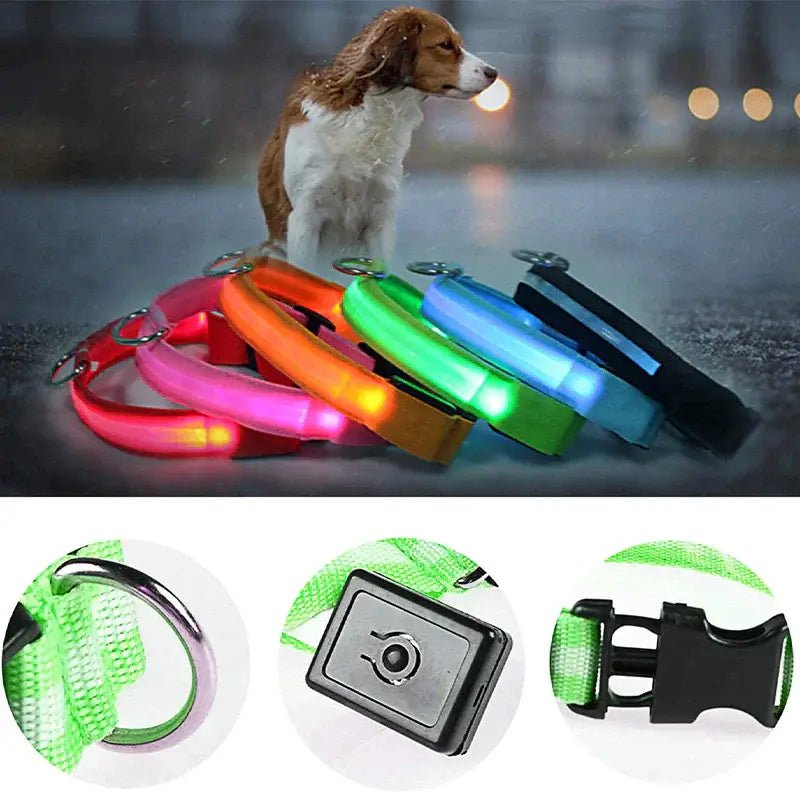 LED Adjustable Dog Collar Blinking Flashing Light Up Glow Pets Safety Waterproof - Skippy Dogs