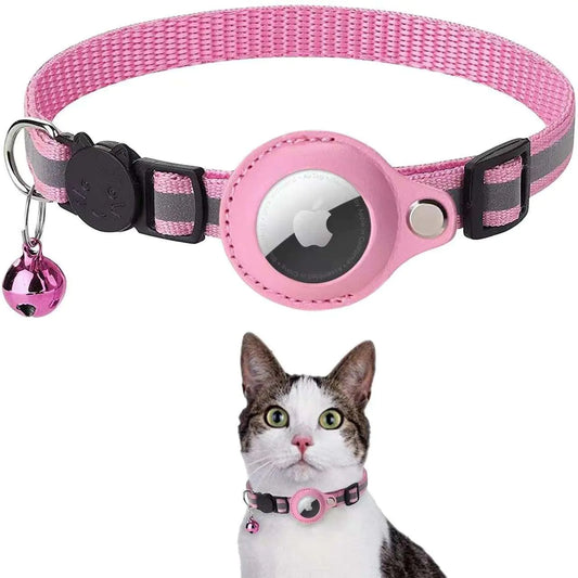 Cat AirTag Collar - Reflective Adjustable Cat Collar with AirTag Holder and Bell GPS Cat Collar (Pink)