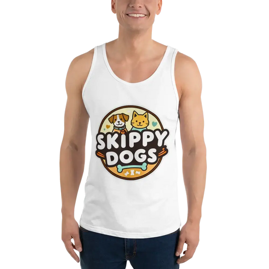 Person wearing a white tank top with 'Skippy Dogs' logo on a white background